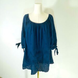 Valentina Naldi 100% Cotton Navy Blue Eyelet Boat Neck Tunic Top Size 1X NWT